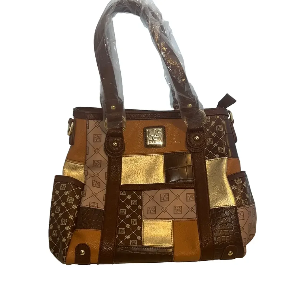 Jose Hess Tan and Brown Monogram Shoulder Bag with Gold Hardware